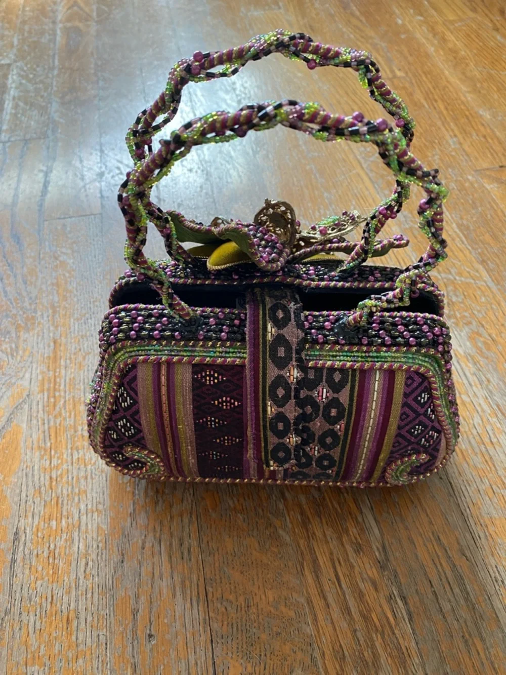 Mary Frances Hand Beaded 3D Floral Handle Evening Bag in Purple & Green - Picture 5 of 10